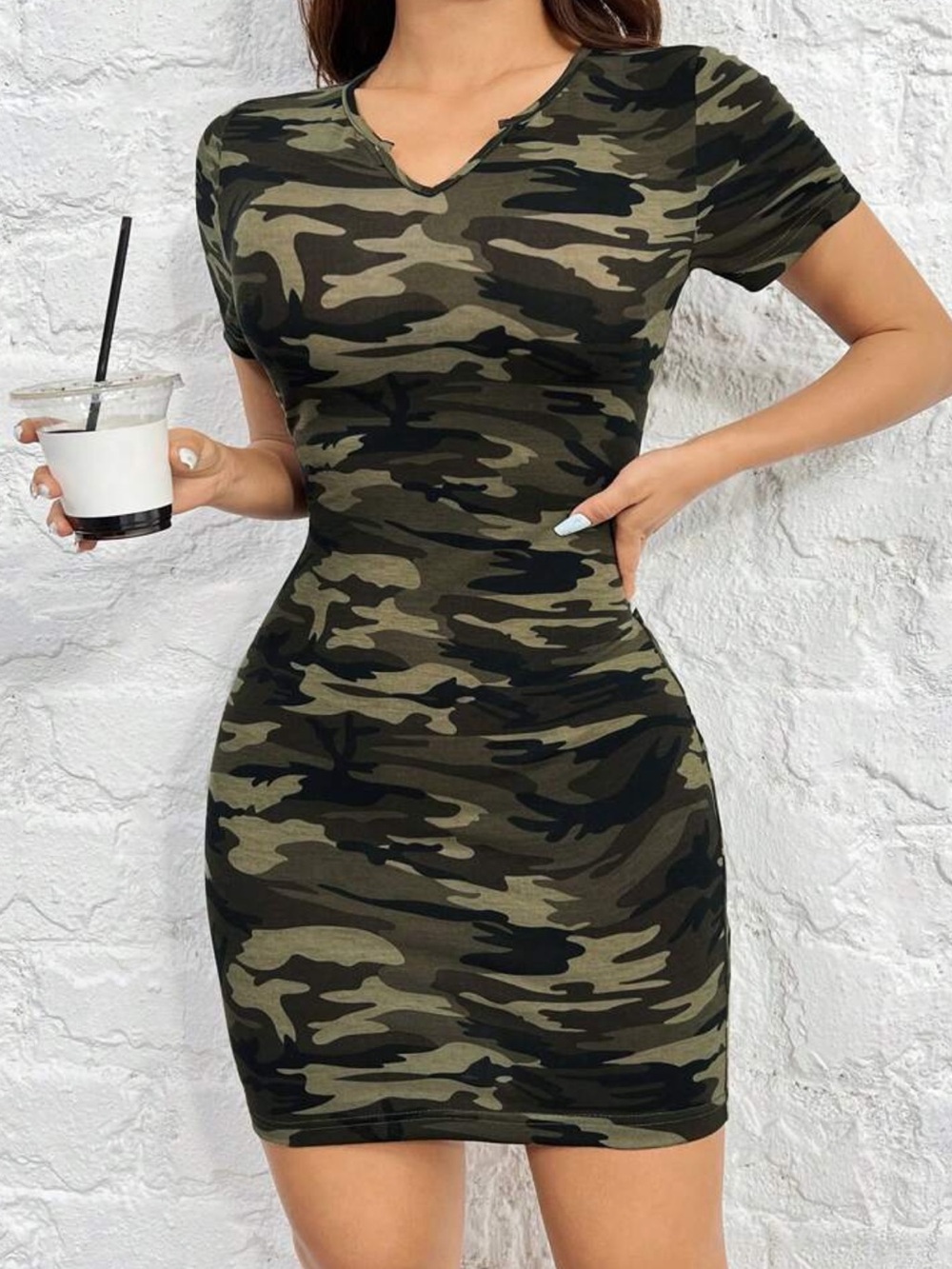 Women's Camo Short-Sleeve Bodycon Dress - Olive Green